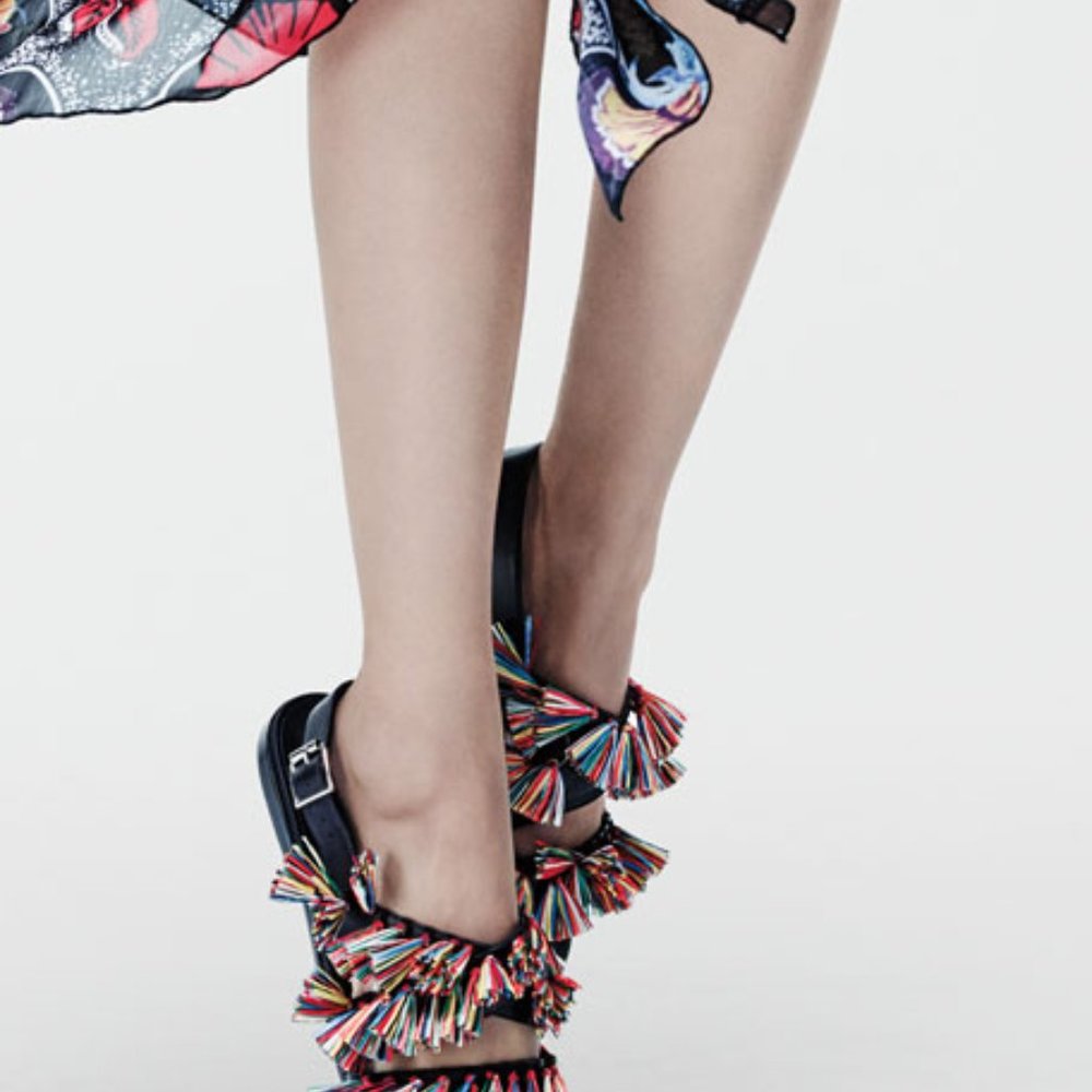 NEW in box Manolo Blahnik sandals black leather with multi color fringe. Size 38